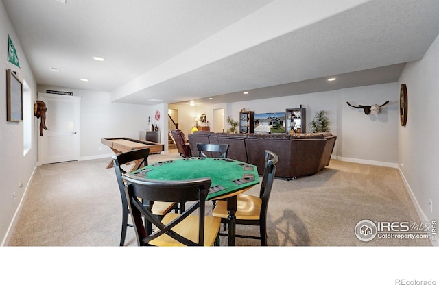 1384 Copeland Falls Rd, Severance, CO 80550 - recreation room featuring carpet floors, baseboards, recessed lighting, pool table, and bar