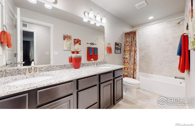 1384 Copeland Falls Rd, Severance, CO 80550 - full bathroom with double vanity, toilet, shower / bathtub combination with curtain, tile patterned floors, and recessed lighting