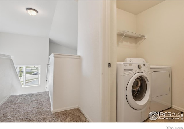 978 Mouflon Dr, Severance, CO 80550 - washroom with washing machine and clothes dryer, carpet floors, and baseboards