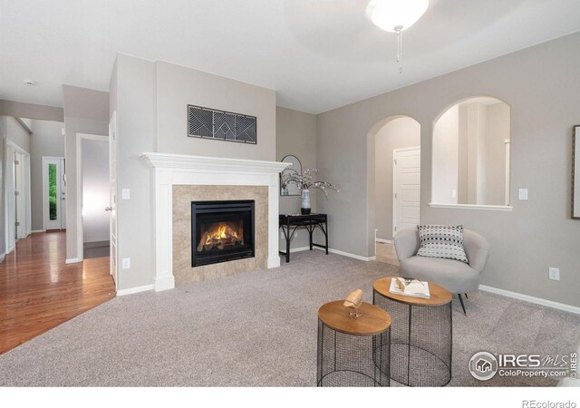 6492 Richland Ave, Timnath, CO 80547 - living area with carpet flooring, a tile fireplace, baseboards, and arched walkways