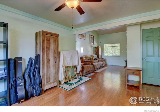5241 E 128th Way, Thornton, CO 80241 - living area featuring a ceiling fan and wood finished floors