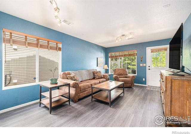 18656 Kelly Pl, Denver, CO 80249 - living room with wood finished floors, rail lighting, and baseboards