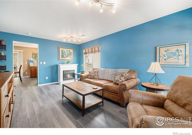18656 Kelly Pl, Denver, CO 80249 - living room with wood finished floors, track lighting, baseboards, and a glass covered fireplace
