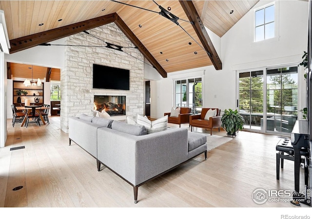 2100 Kohler Dr, Boulder, CO 80305 - living room featuring light wood-style floors, high vaulted ceiling, wood ceiling with exposed beams, a fireplace, and plenty of natural light