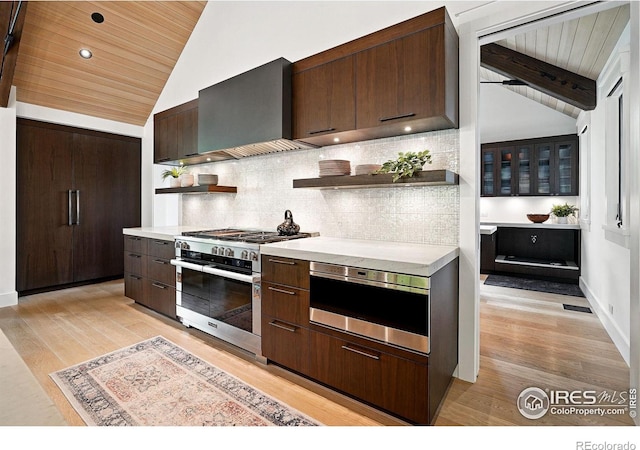 2100 Kohler Dr, Boulder, CO 80305 - kitchen with open shelves, stainless steel stove, custom exhaust hood, light countertops, and wooden ceiling