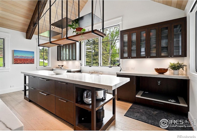 2100 Kohler Dr, Boulder, CO 80305 - kitchen featuring wooden ceiling, healthy amount of natural light, light wood finished floors, light countertops, and dark brown cabinets