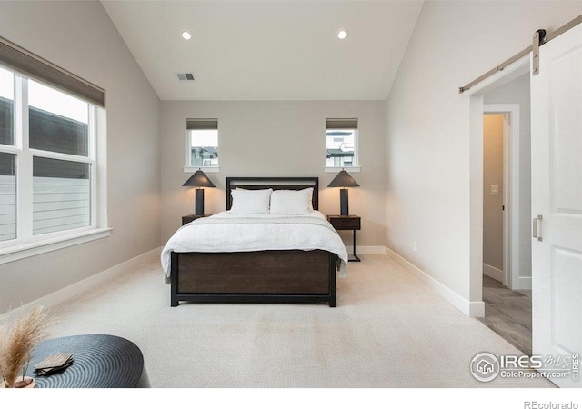 730 Promenade Dr, Superior, CO 80027 - bedroom featuring a barn door, vaulted ceiling, baseboards, recessed lighting, and light colored carpet
