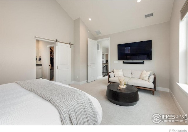 730 Promenade Dr, Superior, CO 80027 - carpeted bedroom with a barn door, recessed lighting, baseboards, and high vaulted ceiling