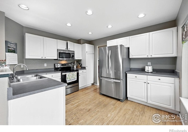 823 Timothy Dr, Longmont, CO 80503 - kitchen featuring stainless steel appliances, a sink, white cabinets, light wood-type flooring, and recessed lighting