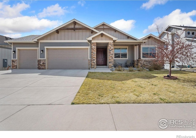 5532 Maidenhead Dr, Windsor, CO 80550 - craftsman-style home featuring board and batten siding, a garage, and stone siding