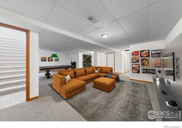 2615 Anemonie Dr, Loveland, CO 80537 - carpeted living area with billiards table, baseboards, and a drop ceiling