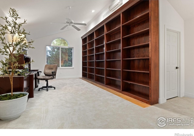 2549 Cowley Dr, Lafayette, CO 80026 - carpeted office space with ceiling fan, vaulted ceiling, a wall unit AC, baseboards, and recessed lighting