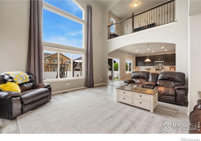 426 Gannet Peak Dr, Windsor, CO 80550 - living area with light wood finished floors, arched walkways, a high ceiling, and baseboards