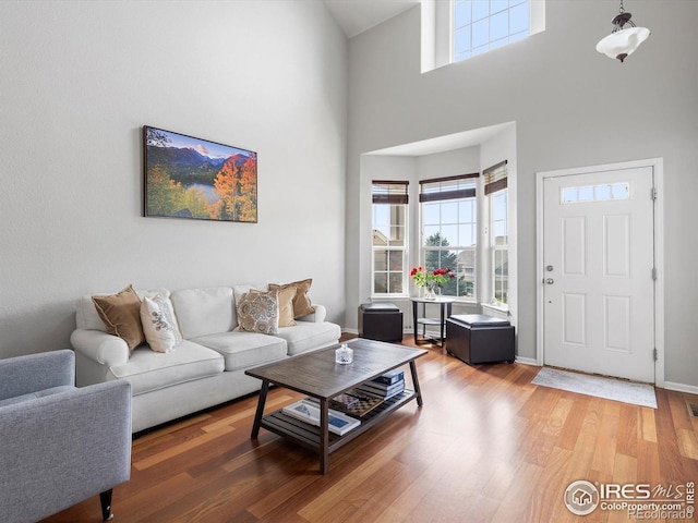 4795 Raven Run, Broomfield, CO 80023 - living room with a towering ceiling, light wood-style floors, healthy amount of natural light, and baseboards