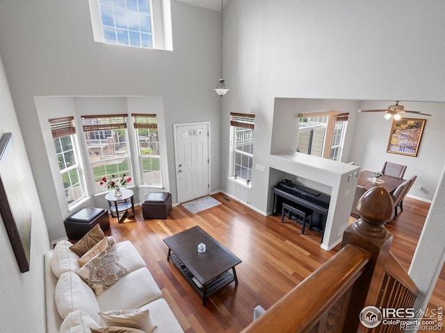 4795 Raven Run, Broomfield, CO 80023 - living room featuring wood finished floors, a high ceiling, healthy amount of natural light, ceiling fan, and baseboards