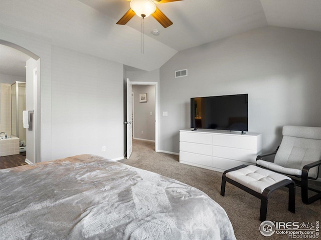 4795 Raven Run, Broomfield, CO 80023 - bedroom featuring arched walkways, lofted ceiling, carpet floors, and ceiling fan