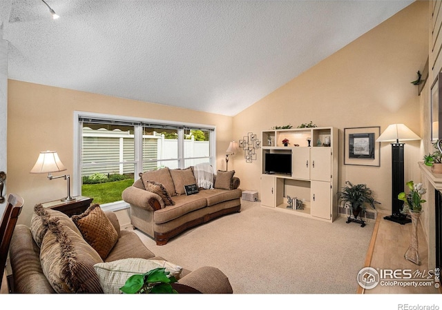 2409 Flora Dr, Loveland, CO 80537 - living room featuring carpet flooring, a textured ceiling, and high vaulted ceiling