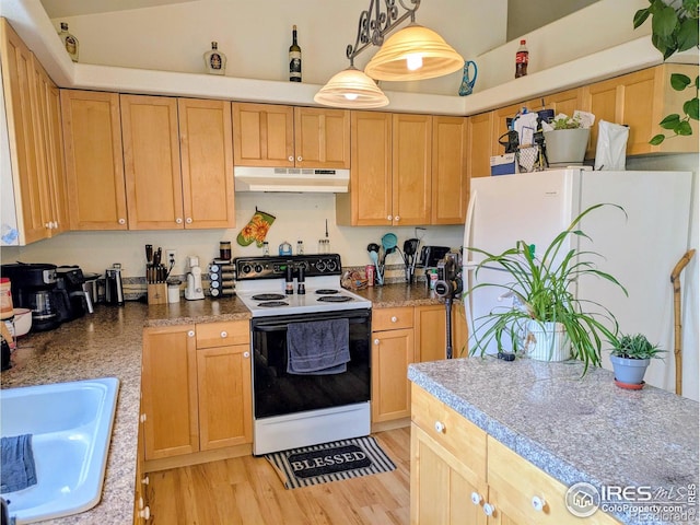 112-114 8th St, Gilcrest, CO 80623 - kitchen with white appliances, under cabinet range hood, a sink, and light wood-type flooring