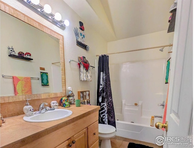 112-114 8th St, Gilcrest, CO 80623 - bathroom featuring toilet, vanity, shower / tub combo with curtain, and tile patterned floors