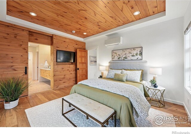 2970 21st St, Boulder, CO 80304 - bedroom featuring a raised ceiling, an AC wall unit, wooden ceiling, recessed lighting, and wood finished floors