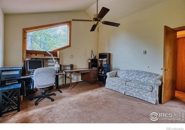 38 Navajo Trl, Nederland, CO 80466 - office area with vaulted ceiling, carpet floors, and a ceiling fan