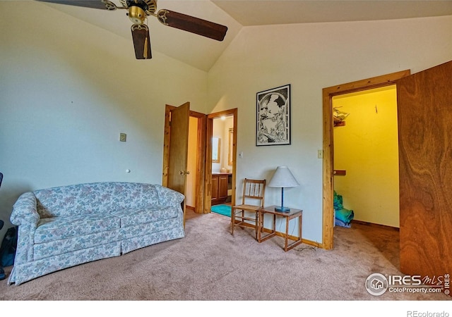 38 Navajo Trl, Nederland, CO 80466 - sitting room with a ceiling fan, carpet flooring, and lofted ceiling