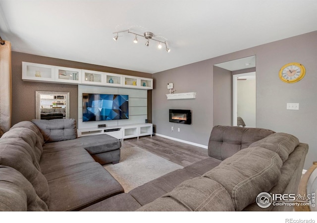 5822 Shenandoah Ave, Firestone, CO 80504 - living room featuring wood finished floors, baseboards, and a glass covered fireplace
