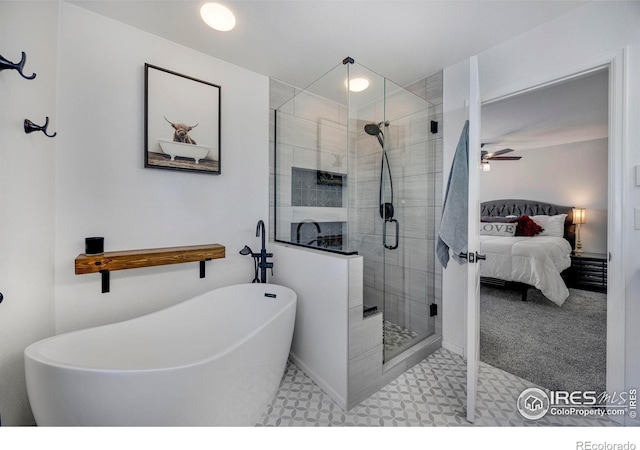 5822 Shenandoah Ave, Firestone, CO 80504 - full bath featuring a freestanding bath, a stall shower, ceiling fan, ensuite bathroom, and baseboards