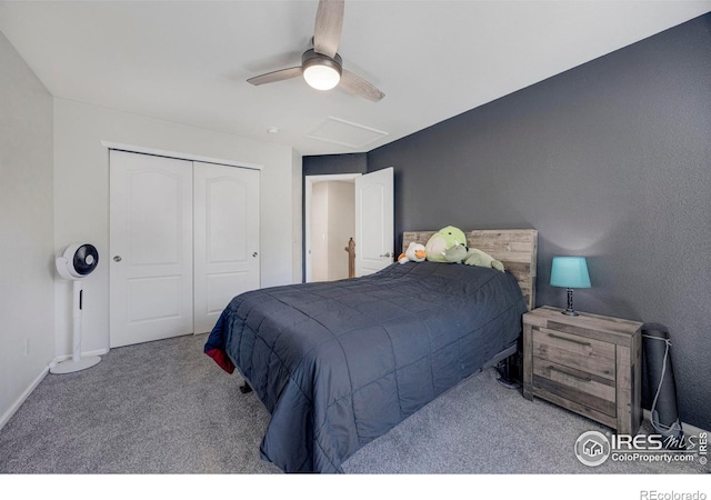5822 Shenandoah Ave, Firestone, CO 80504 - carpeted bedroom with a closet, baseboards, ceiling fan, and attic access
