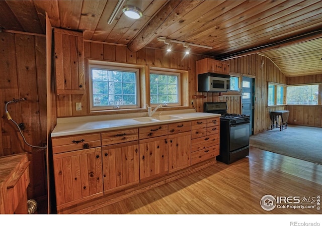 545 Eldorado Ave, Nederland, CO 80466 - kitchen with black gas range oven, a sink, stainless steel microwave, wooden ceiling, and wooden walls