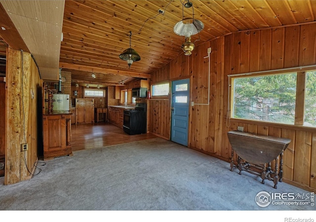 545 Eldorado Ave, Nederland, CO 80466 - kitchen with gas stove, lofted ceiling, brown cabinets, stainless steel microwave, and water heater