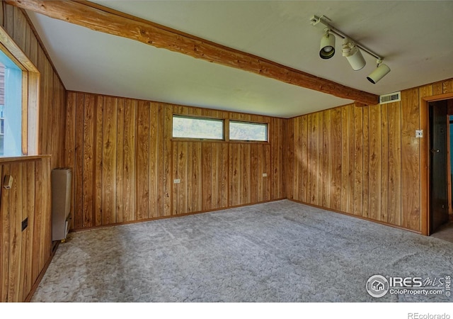 545 Eldorado Ave, Nederland, CO 80466 - empty room with beam ceiling, wooden walls, and carpet floors