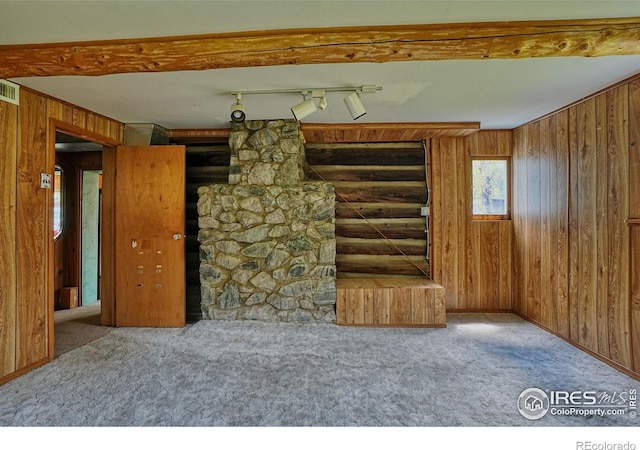 545 Eldorado Ave, Nederland, CO 80466 - unfurnished living room featuring carpet, wood walls, and track lighting