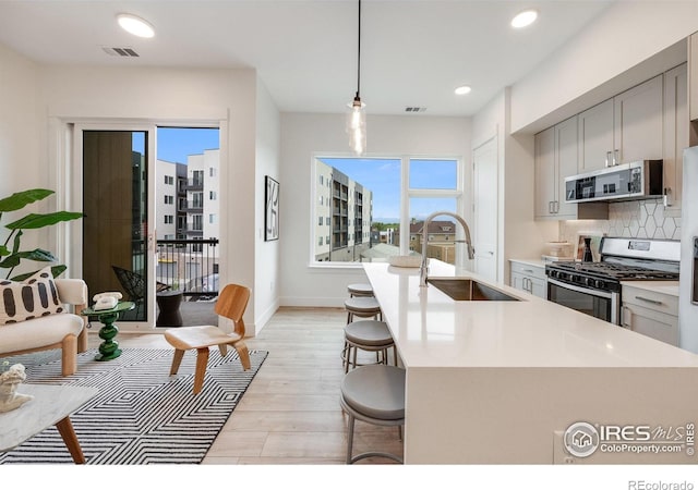 2876 W 53rd Ave Unit 301, Denver, CO 80221 - kitchen featuring stainless steel appliances, a sink, light wood finished floors, tasteful backsplash, and light countertops