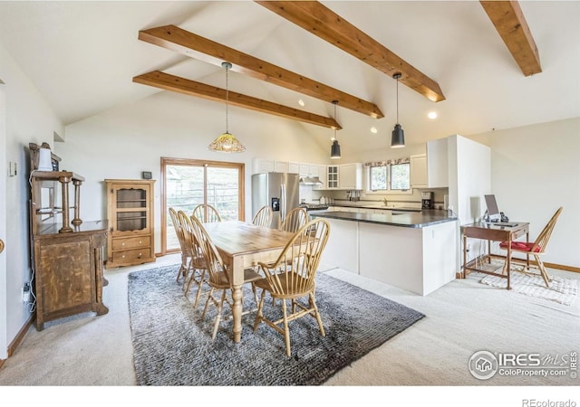 17284 W County Road 74e, Red Feather Lakes, CO 80545 - dining room featuring light carpet, beamed ceiling, recessed lighting, baseboards, and high vaulted ceiling