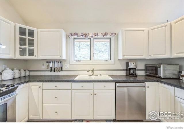 17284 W County Road 74e, Red Feather Lakes, CO 80545 - kitchen featuring stainless steel appliances, a sink, and white cabinets