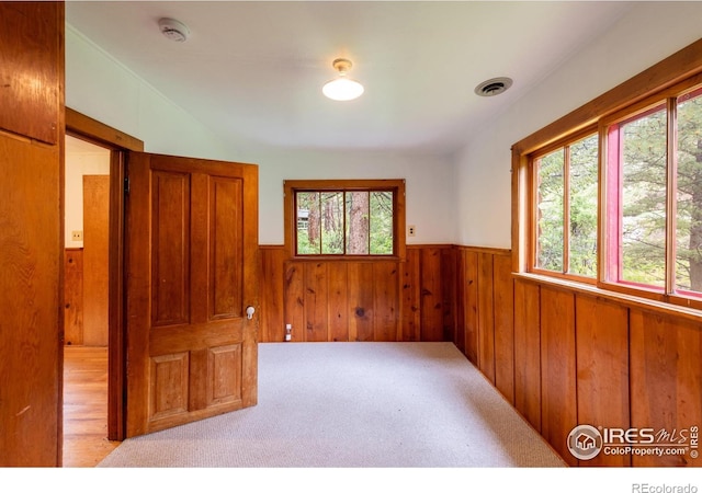 35106 Boulder Canyon Dr, Boulder, CO 80302 - unfurnished room featuring plenty of natural light, a wainscoted wall, a smoke detector, wooden walls, and carpet