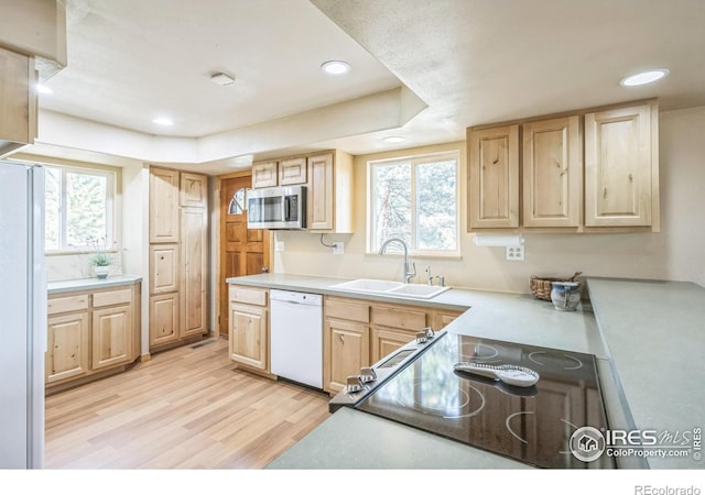 24192 W County Road 74e, Red Feather Lakes, CO 80545 - kitchen featuring a sink, light brown cabinets, refrigerator, and recessed lighting