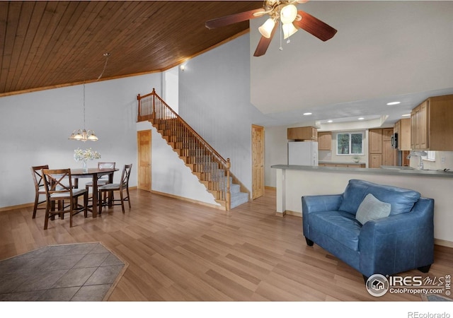 24192 W County Road 74e, Red Feather Lakes, CO 80545 - living room with stairs, high vaulted ceiling, light wood-style floors, ceiling fan, and baseboards