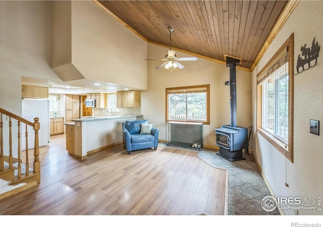 24192 W County Road 74e, Red Feather Lakes, CO 80545 - living area featuring wood ceiling, a wood stove, healthy amount of natural light, ceiling fan, and light wood-style flooring