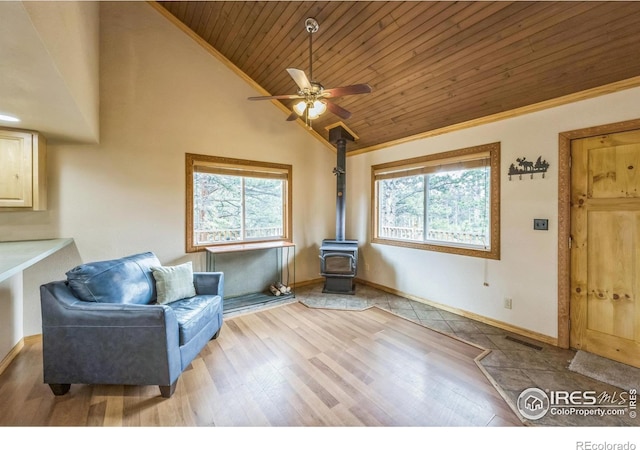 24192 W County Road 74e, Red Feather Lakes, CO 80545 - sitting room with wood ceiling, a wood stove, vaulted ceiling, ceiling fan, and wood finished floors