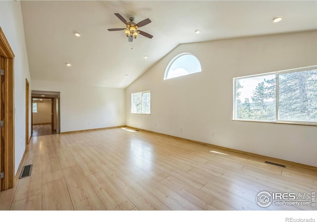 24192 W County Road 74e, Red Feather Lakes, CO 80545 - unfurnished room with ceiling fan, high vaulted ceiling, light wood-style flooring, baseboards, and recessed lighting