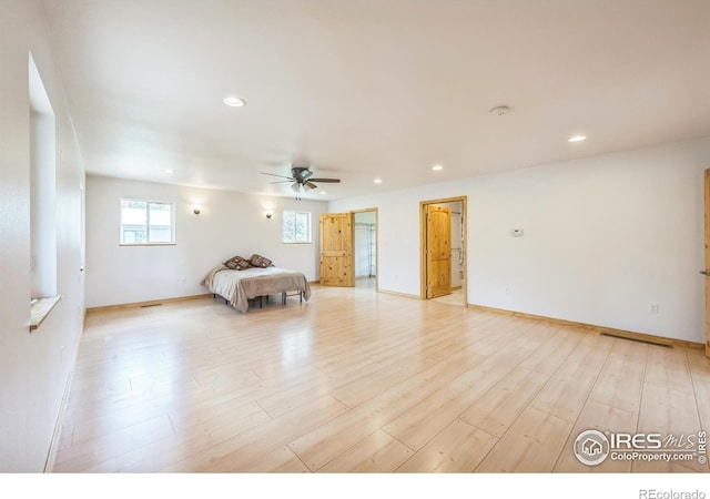 24192 W County Road 74e, Red Feather Lakes, CO 80545 - unfurnished bedroom featuring recessed lighting, light wood finished floors, baseboards, and a ceiling fan
