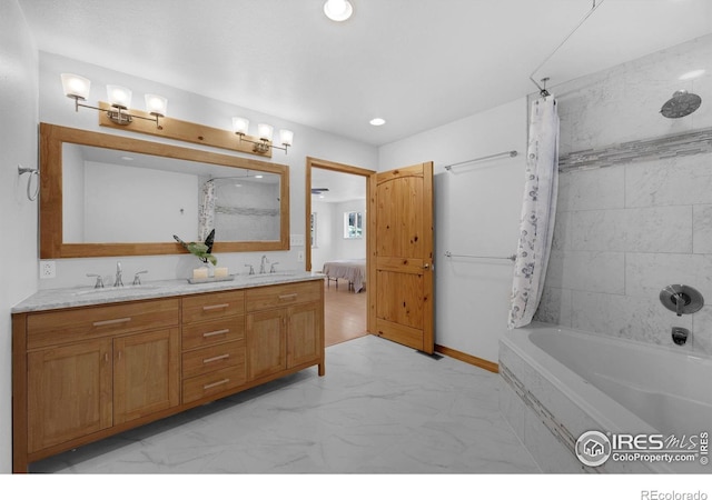 24192 W County Road 74e, Red Feather Lakes, CO 80545 - full bathroom with shower / bath combo with shower curtain, marble look tiles, double vanity, recessed lighting, and baseboards