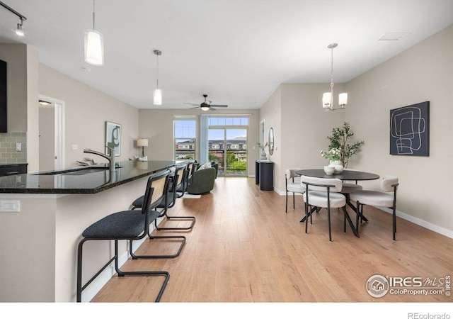 13598 Via Varra Unit 404, Broomfield, CO 80020 - kitchen with a sink, light wood-style flooring, baseboards, decorative light fixtures, and ceiling fan
