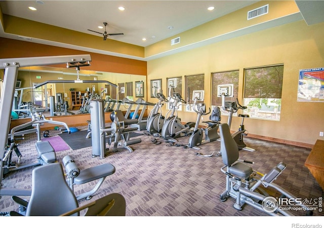 13598 Via Varra Unit 404, Broomfield, CO 80020 - workout area with a ceiling fan, carpet, healthy amount of natural light, and recessed lighting