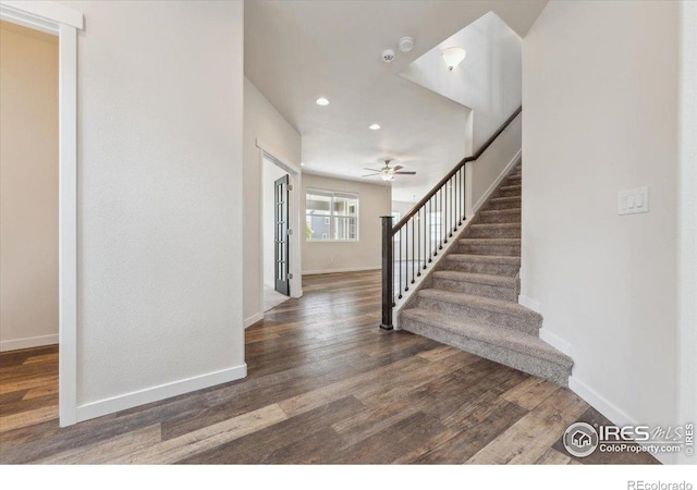 1257 Wild Basin Rd, Severance, CO 80550 - entryway featuring a ceiling fan, stairs, wood finished floors, recessed lighting, and baseboards