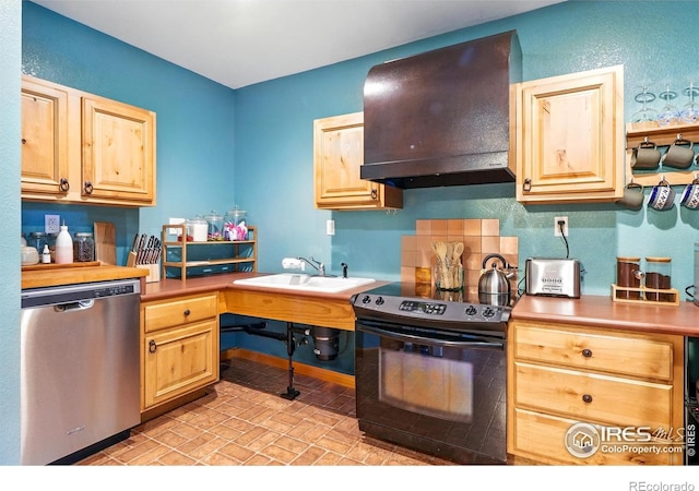 50 S 31st St, Boulder, CO 80305 - kitchen featuring dishwasher, black range with electric stovetop, a sink, and light brown cabinets
