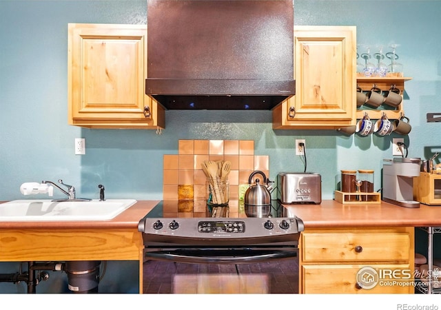 50 S 31st St, Boulder, CO 80305 - kitchen with black / electric stove, custom exhaust hood, light brown cabinetry, light countertops, and decorative backsplash