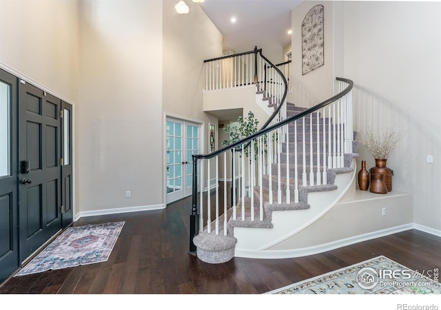 2204 Lasalle St, Superior, CO 80027 - entryway featuring wood finished floors, stairway, a high ceiling, baseboards, and french doors